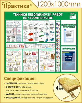 С32 Стенд техника безопасности при строительстве (1200х1000 мм, пластик ПВХ 3 мм, алюминиевый багет золотого цвета) - Стенды - Тематические стенды - магазин "Охрана труда и Техника безопасности"